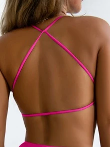 SHEIN Swim Summer Beach Plain Backless Bikini Top - Hot Pink - View 1