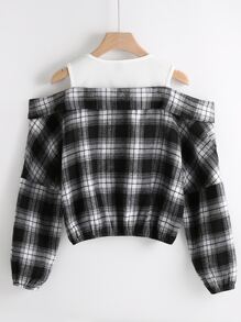 SHEIN Unity 格紋金屬圓環拉鍊挖肩襯衫 - 黑與白 - 查看 2