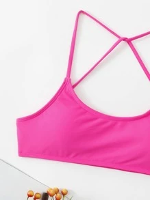SHEIN Swim Summer Beach Plain Backless Bikini Top - Hot Pink - View 6