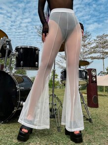 Sheer Mesh Flare Leg Trousers - White - View 5