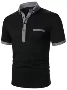 Manfinity Homme Áo thun có cổ Nam Tương phản ren Nút phía trước Khối Màu Giải trí - màu đen - Xem 1