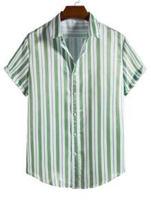 Manfinity Hombres Camisa con estampado de rayas con botón - Multicolor - Ver 1