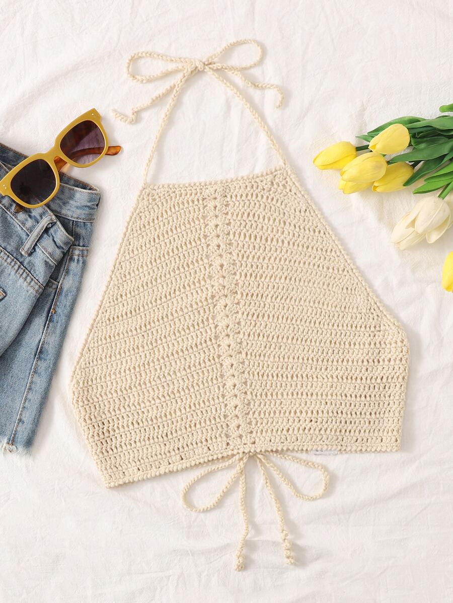 Halter Neck Backless Crop Crochet Top - Apricot - View 1