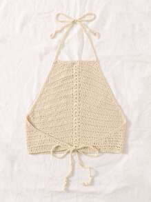 Halter Neck Backless Crop Crochet Top - Apricot - View 2