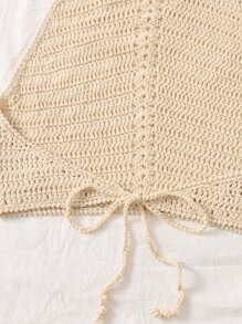 Halter Neck Backless Crop Crochet Top - Apricot - View 3