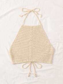 Halter Neck Backless Crop Crochet Top - Apricot - View 4