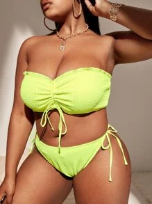 大尺碼束腰平角泳衣套裝，適用於夏季沙灘 - 青檸色 - 查看 5