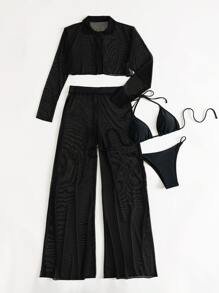 Swim Vcay Summer Beach Plain Halter Triangle Bikini With Cover Up Set - Black - View 3