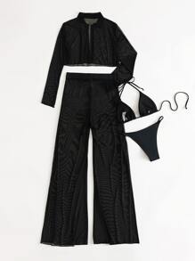 Swim Vcay Summer Beach Plain Halter Triangle Bikini With Cover Up Set - Black - View 2