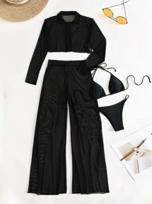 Swim Vcay Summer Beach Plain Halter Triangle Bikini With Cover Up Set - Black - View 4