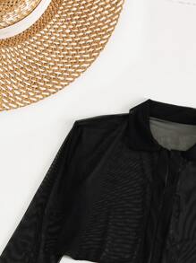 Swim Vcay Summer Beach Plain Halter Triangle Bikini With Cover Up Set - Black - View 6