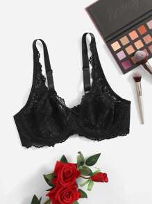 Plus Bow Detail Lace Underwire Bra - Black - View 1