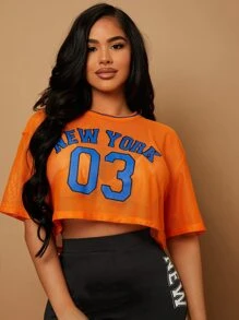 SHEIN SXY 字母圖案落肩袖網紗上衣不附胸罩 - 橘色 - 查看 1