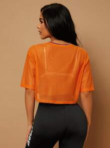 SHEIN SXY 字母圖案落肩袖網紗上衣不附胸罩 - 橘色 - 查看 2