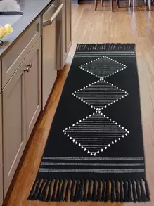 Alfombra para cocina con patrón geométrico ribete con fleco - Blanco y Negro - Ver 1