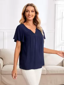 EMERY ROSE Notched Neck Flutter Sleeve Pleated Blouse - Navy Blue - View 1