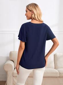 EMERY ROSE Notched Neck Flutter Sleeve Pleated Blouse - Navy Blue - View 3