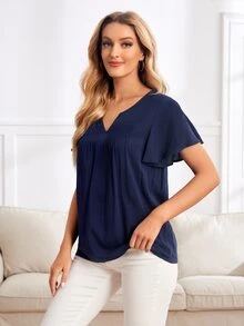 EMERY ROSE Notched Neck Flutter Sleeve Pleated Blouse - Navy Blue - View 4