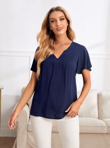 EMERY ROSE Notched Neck Flutter Sleeve Pleated Blouse - Navy Blue - View 2