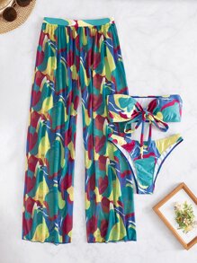 3packs All Over Print Knot Front Bandeau Bikini Set & Cover Up Pants, For Summer Beach Vacation - Multicolor - View 6