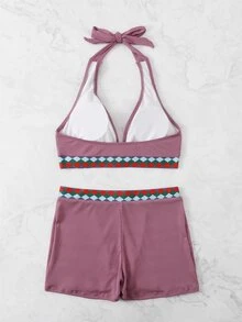 Geometric Tape Rib Halter Bikini Set, For Summer Beach Vacation - Red Violet - View 2