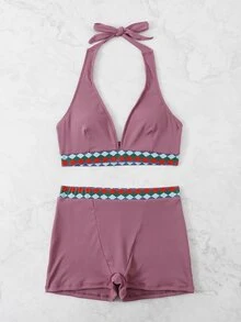Geometric Tape Rib Halter Bikini Set, For Summer Beach Vacation - Red Violet - View 3