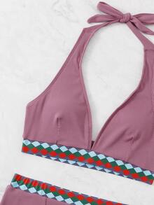 Geometric Tape Rib Halter Bikini Set, For Summer Beach Vacation - Red Violet - View 4