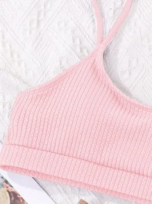 Plain Textured Bikini Top, For Summer Beach Vacation - Baby Pink - View 3