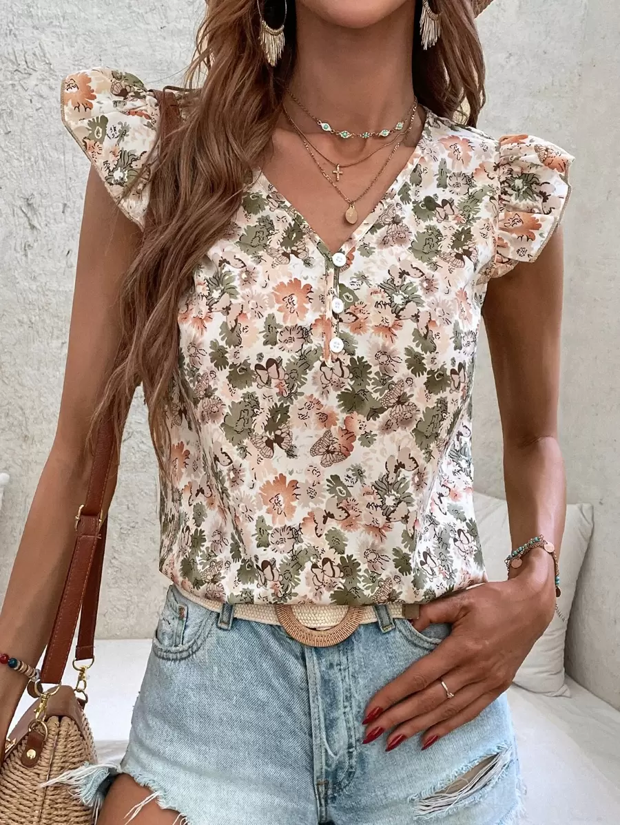 Breezaya Áo sơ mi nữ Xù Hoa Tất cả trên in Boho - Nhiều màu - Xem 1