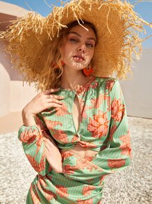 SHEIN VCAY Floral & Striped Print Cut Out Front Twist Crop Top - Multicolor - View 1