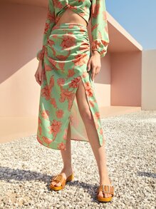 SHEIN Floral & Striped Print Split Thigh Ruched Skirt - Multicolor - View 2