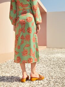 SHEIN Floral & Striped Print Split Thigh Ruched Skirt - Multicolor - View 3