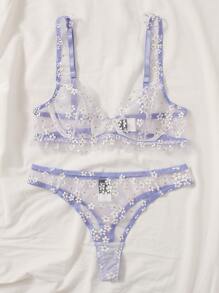 SHEIN 印花撞色滾邊網紗內衣套裝 - 彩色 - 查看 4