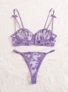 SHEIN Set de lencería con bordado de corazón con lazo delantero de malla - Lila Púrpura - Ver 2