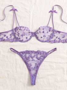 SHEIN Set de lencería con bordado de corazón con lazo delantero de malla - Lila Púrpura - Ver 3