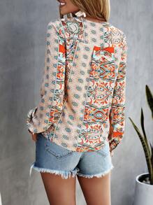 SHEIN LUNE Allover Print Notched Neck Blouse - Multicolor - View 2