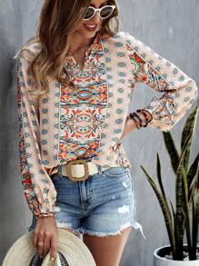 SHEIN LUNE Allover Print Notched Neck Blouse - Multicolor - View 3