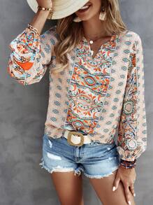 SHEIN LUNE Allover Print Notched Neck Blouse - Multicolor - View 4