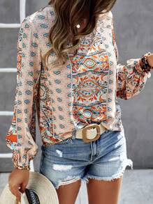 SHEIN LUNE Allover Print Notched Neck Blouse - Multicolor - View 5