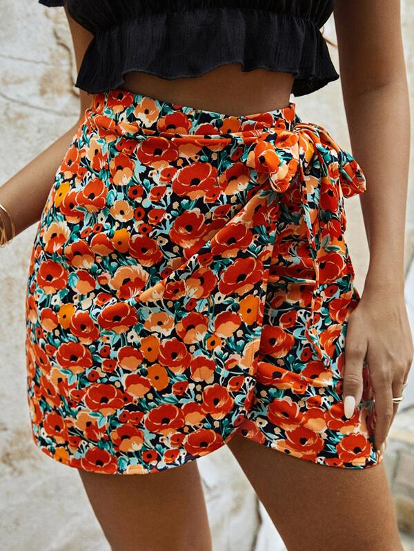 SHEIN Frenchy Allover Floral Knot Side Wrap Skirt SHEIN USA