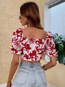 Áo nữ Xù Thắt nơ trước Thực vật Boho - Đỏ và trắng - Xem 2