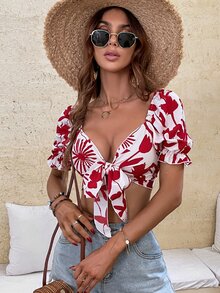 Áo nữ Xù Thắt nơ trước Thực vật Boho - Đỏ và trắng - Xem 4