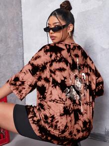 SHEIN Unity Plus Moon & Compass Print Tie Dye Drop Shoulder Tee - Multicolor - View 1