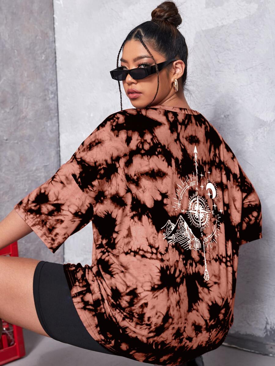 SHEIN Unity Plus Moon & Compass Print Tie Dye Drop Shoulder Tee - Multicolor - View 1