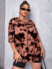 SHEIN Unity Plus Moon & Compass Print Tie Dye Drop Shoulder Tee - Multicolor - View 2