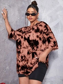 SHEIN Unity Plus Moon & Compass Print Tie Dye Drop Shoulder Tee - Multicolor - View 4