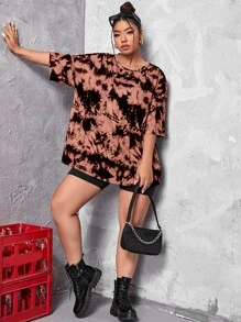 SHEIN Unity Plus Moon & Compass Print Tie Dye Drop Shoulder Tee - Multicolor - View 5