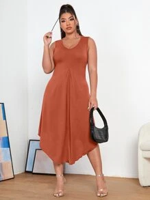 Plus Solid Tank Dress - Rust Brown - View 1