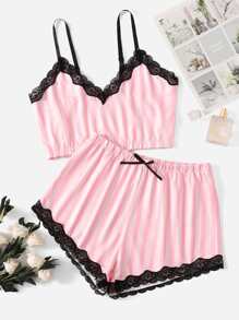 Striped Contrast Lace Pajama Set - Baby Pink - View 1