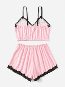 Striped Contrast Lace Pajama Set - Baby Pink - View 2